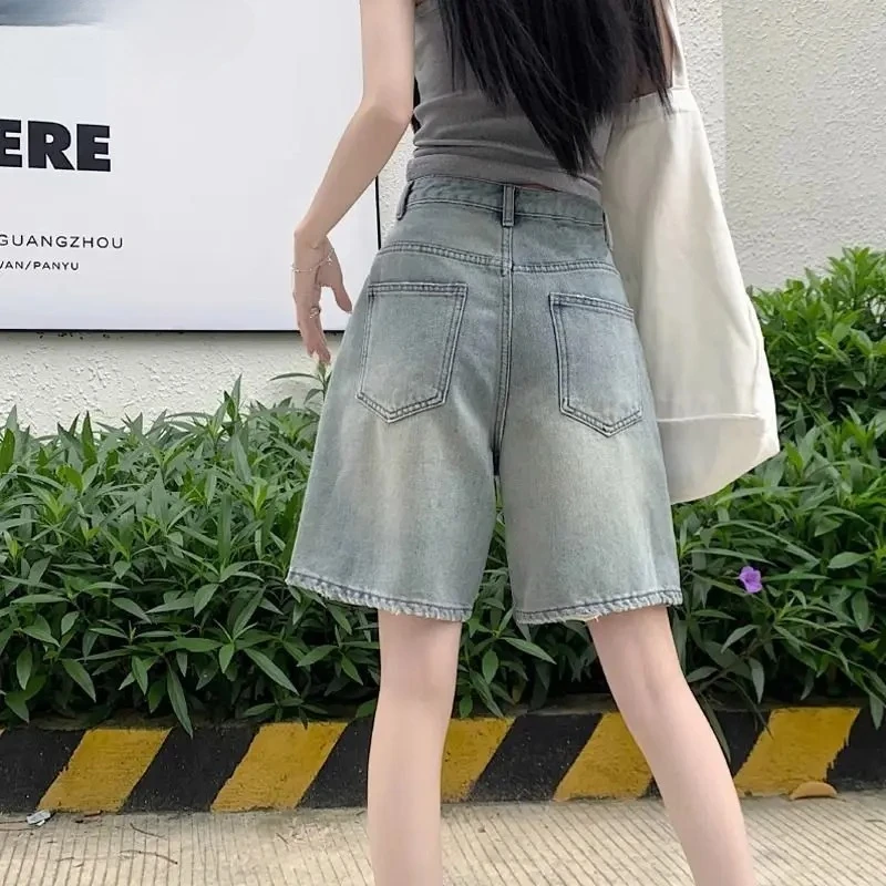 여성 Y2K 여름 스트릿웨어 빈티지 레트로 한국 하라주쿠 배기 데님 반바지 아쿠비 버튼 하이웨이스트 청반바지 의류