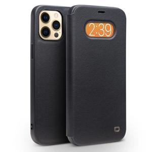 QIALINO 클래식 스타일 iPhone 12 Pro Max 6.7인치용 초박형 프리미엄 정품 가죽 플립 폴리오 충격 방지 케이스 - 블랙