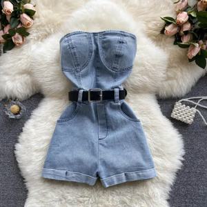 여름 Rompers 여성 청바지 점프 슈트 오프 어깨 2022 루즈 캐주얼 데님 Rompers 여성 점프 슈트 와이드 레그 캐주얼 데님 오버올