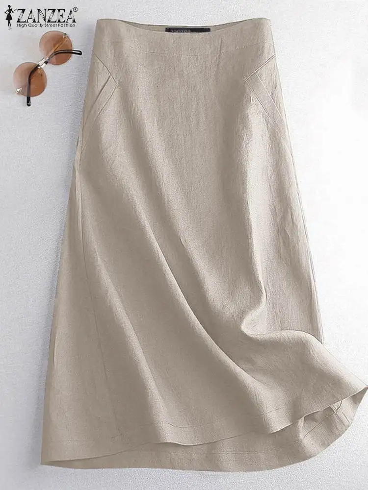 ZANZEA-캐주얼 미디 스커트 여성용, 여름 패션 하이 웨이스트 스커트, Jupe Party Work A-line Faldas Saia Robe Femme Oversize Vestido