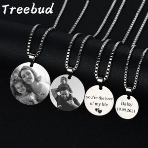 Treebud 사용자 정의 사진 라운드 펜던트 목걸이 스테인레스 스틸 레이저 새겨진 그림 텍스트 목걸이 엄마 아빠 선물 가족 보석
