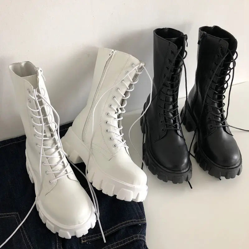 새로운 중반 송아지 부츠 여성 가을 ​​겨울 패션 레이스 업 숙녀 첼시 지퍼 Botas Mujer 부츠 스포츠 플랫폼 힐 숙녀 신발