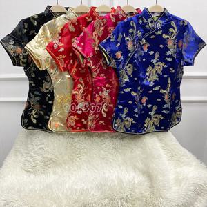 새로운 자카드 꽃 당나라 의류 여성 패션 Qipao 탑 빈티지 개선 Cheongsam 새틴 셔츠 탑 버튼 다운 착용 Plussize