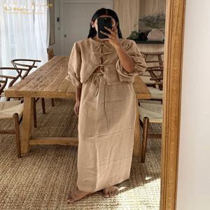 Clacive 캐주얼 루즈 카키 코튼 2 피스 세트 여성 복장 패션 퍼프 슬리브 레이스 업 셔츠와 하이 웨이스트 롱 스커트 세트