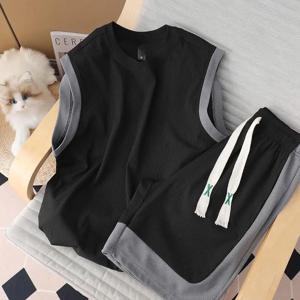 2 개 정장 여름 민소매 조끼 스포츠 반바지 세트 패치 워크 캐주얼 농구 Sportwears 통기성 느슨한 훈련 반바지 세트