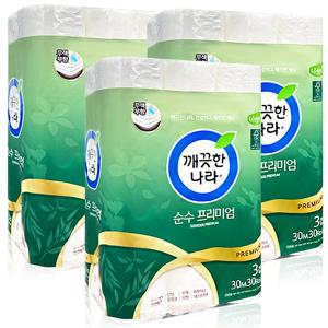 깨끗한나라 순수 프리미엄 30m 3겹 30롤 x 3개, 두루마리 화장지 휴지
