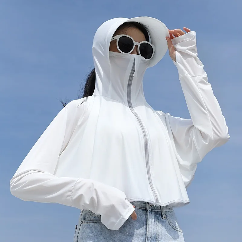 UPF 50+ 여성 선 스크린 까마귀 솔리드 컬러 얇은 얼음 실크 여름 자외선 차단 긴팔 자켓 통기성 셔츠 의류