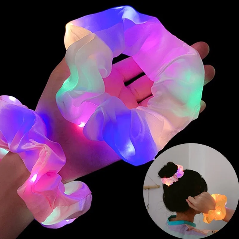 여자 LED 빛나는 Scrunchies 헤어 밴드 포니 테일 홀더 모자를 쓰고 있죠 탄성 헤어 밴드 솔리드 컬러 헤어 액세서리