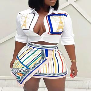 두 조각 세트 여성 복장 2024 여름 패션 그래픽 인쇄 Buttoned Turn-Down Collar Shirt & Striped Asymmetrical 스커트 세트
