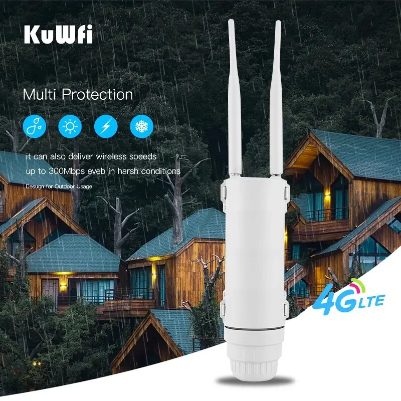 KuWFi 야외 와이파이 라우터, 300Mbps 방수, 4G SIM 카드 라우터, 넓은 범위의 무선 인터넷 핫스팟, 와이파이 지지대, 64 사용자