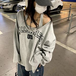 Y2k 헐렁한 홀터 맨투맨 여성용, 레터 프린트, 루즈한 미적인 후드, 레트로 패션, 캐주얼 스트리트웨어 상의