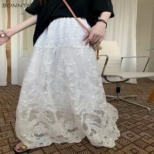 여성용 화이트 레이스 A 라인 용수철 하이웨이스트 롱 스커트, 우아한 프렌치 스타일, 스위트 할로우 아웃 레저, 페어리코어, 트렌디 Y2k, Ins 3XL