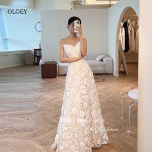 OLOEY 우아한 전체 레이스 라인 한국 웨딩 드레스 아가 바닥 길이 신부 가운 코르셋 뒤로 사진 촬영