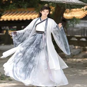 남자의 중국어 번체 Hanfu 잉크 국립 스타일 무술 크로스 칼라 의상 빈티지 얇은 커플 영웅 코스프레 의상