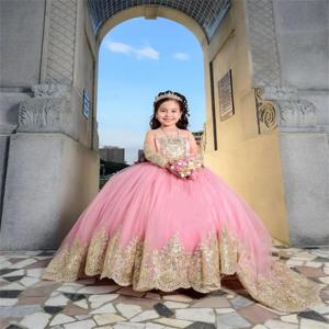 웨딩 긴 소매 꽃의 소녀 드레스 황금 데칼 Tulle 어린이 활 파티 생일 미인 대회 가운 거룩한 첫 성찬식