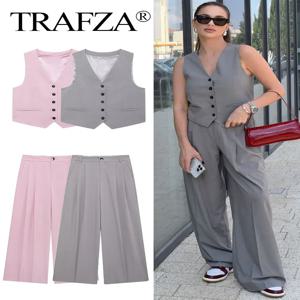 TRAFZA 여성 조끼 바지 세트 전면 거짓 Welt 포켓 조정 가능한 백 스트랩 v 넥 조끼 하이 웨이스트 바지 Office Lady Suit