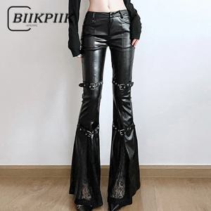 BIIKPIIK 섹시한 레이스 패치워크 가죽 바지, 고딕 벨트 스키니 PU 플레어 바지, 펑크 다크 블랙 바지, Y2K 레트로 가을 하의
