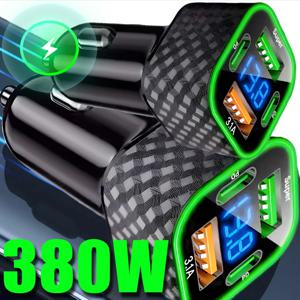 380W 슈퍼 충전기 USB 차량용 전화 충전기 듀얼 PD 4 in 1 전압 디스플레이 포함 iPhone Xiaomi Samsung 용 초고속 충전 어댑터