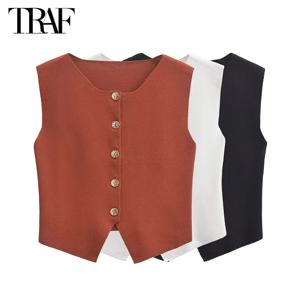 TRAF 흰색 자른 조끼 탑 여성 여성용 검은 민소매 조끼 가을 단추 여성 맞춤형 조끼 streetwear 조끼 여성