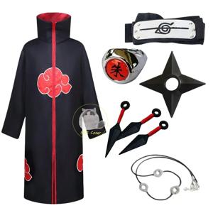 Bilibili 애니메이션 나루토 아카츠키 코스프레 닌자 의상 Uchiha Itachi 붉은 구름 망토 가운 망토 머리띠 소품 할로윈 의상