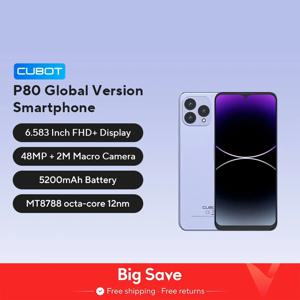 Cubot 글로벌 버전 안드로이드 스마트폰 P80, 안드로이드 13 휴대폰, 8GB RAM, 256GB/512GB ROM, NFC, 6.583 인치 대형 화면, 48MP 카메라