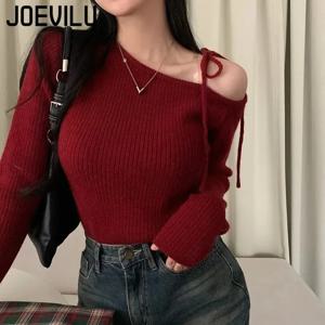JOEVILU 경사 칼라 묶인 불규칙한 풀오버 여성 긴팔 니트 탑 가을 겨울 한국 패션 레드 레트로 스웨터