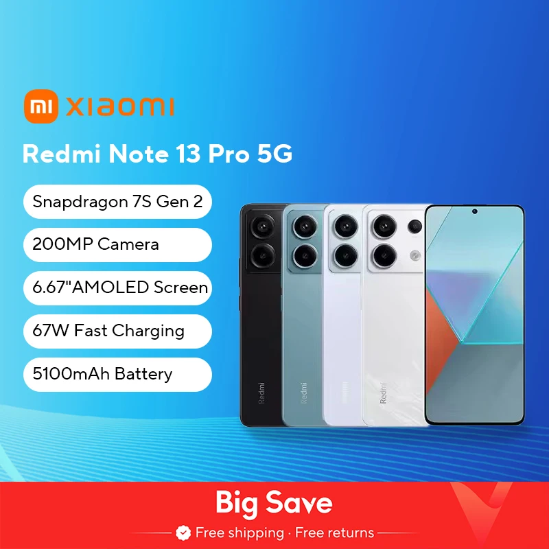 샤오미 레드미 스마트폰 글로벌 롬, 노트 13 프로 5G, 스냅드래곤 7S Gen 2, 6.67 인치 1.5K 디스플레이, 200MP OIS 카메라, 67W 충전 5100mAh
