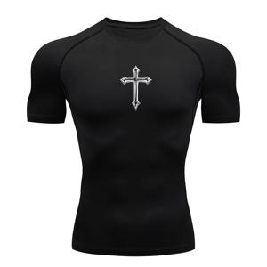 남성용 크로스 프린트 압축 셔츠 Christian Athletic Tshirt 티셔츠 탑 체육관 운동 러닝 베이스 레이어 언더 셔츠 러쉬 가드
