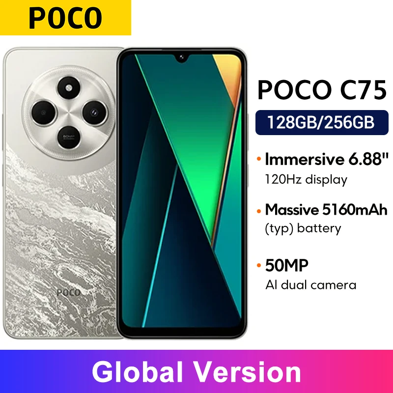 POCO C75 글로벌 버전 Helio G81-Ultra 50MP AI 듀얼 카메라 5160mAh 배터리 Xiaomi HyperOS NFC 6.88'' 120Hz 디스플레이