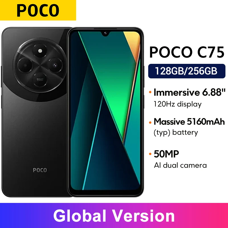 POCO C75 글로벌 버전 Helio G81-Ultra 5160mAh 배터리 Xiaomi HyperOS NFC 6.88'' 120Hz 디스플레이 50MP AI 듀얼 카메라