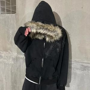 Y2k 스트리트 빈티지 따뜻한 카디건 느슨한 까마귀 남성 겨울 패션 모피 칼라 모자 까마귀 스트리트 해골 프린트 지퍼 스웨트