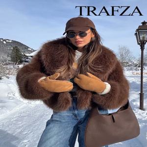TRAFZA 여성용 단색 인조 모피 재킷, 캐주얼 긴팔, 따뜻한 겨울 코트, 우아한 턴다운 칼라, 루즈 아우터