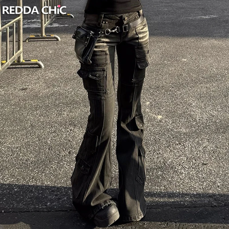 REDDAChiC 블랙 로우 허리 카고 청바지 2000년대 디스트레스드 수염 멀티 포켓 스트레치 부츠컷 바지 여성 레트로 그런지 streetwear