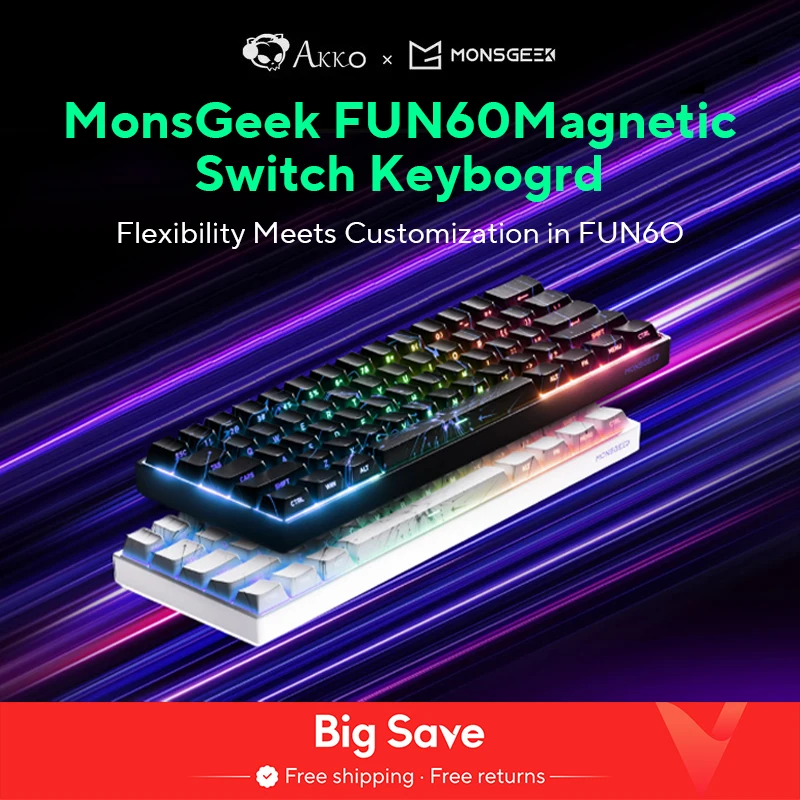 Akko MonsGeek 기계식 키보드, 마그네틱 스위치, 60% 게임용 키보드, 급속 트리거, 0.01mm, 8K ARGB HE/TMR 맞춤형 키보드, FUN60
