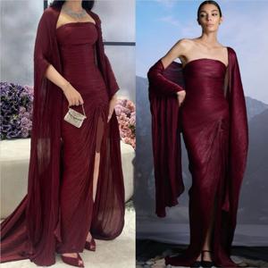 간단한 Tulle Pleat 이브닝 드레스 Strapless 목도리 인어 높은 슬릿 우아한 아랍어 공식 파티 댄스 파티 드레스 Vestido Customized