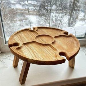 1Pc 나무 라운드 접이식 테이블 야외 피크닉 정원 파티 과일 스낵 과자 트레이에 대 한 와인 유리 홀더와 말린 과일 트레이
