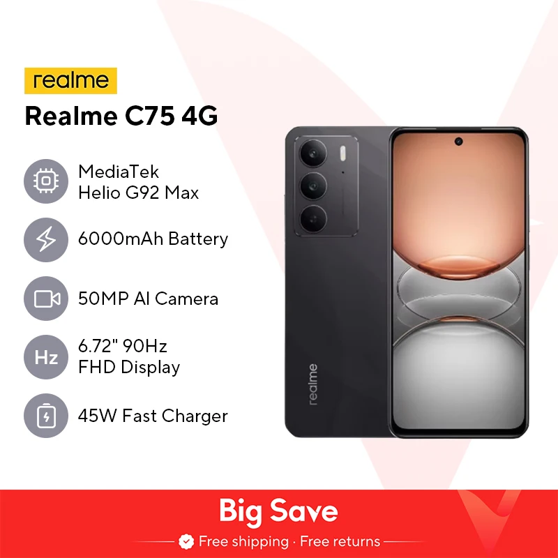 Realme C75 스마트폰, Helio G92 Max 칩셋, 5828mAh 배터리, 45W 충전, 6.72 인치, 90Hz 디스플레이, 50MP 카메라, NFC IP69, 월드 프리미어