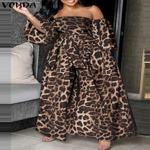 플러스 사이즈 5XL VONDA 여성 오프 숄더 드레스 Leopapd 프린트 파티 Vestidos 2025 Summer Beach Sundress 3/4 Sleeve Robe