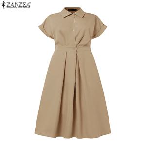 ZANZEA 여성 패션 셔츠 드레스 우아한 하이 웨이스트 옷깃 넥 짧은 소매 미디 드레스 2025 여름 솔리드 가운 streetwear