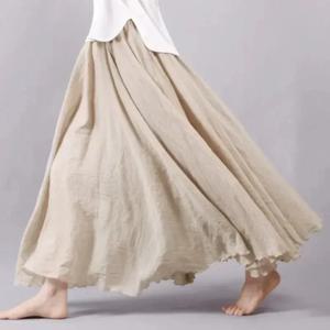 2025 Boho Beach 여성용 스커트 - 리넨 코튼 블렌드 신축성 있는 허리 롱 플리츠 맥시, 빈티지 여름 캐주얼 스커트 Faldas Saia