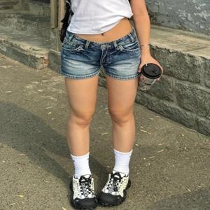 HOUZHOU 섹시한 빈티지 데님 반바지 여성 Y2k Gyaru 블루 로우 허리 반바지 여성 펑크 레트로 여름 streetwear 짧은 청바지 슬림 업