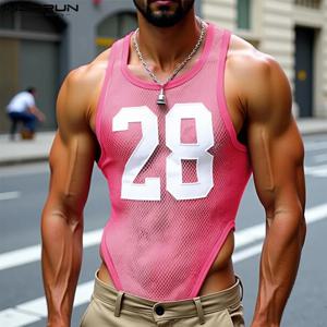 남성 바디 슈트 메쉬 패치 워크 오 넥 민소매 남성 탱크 탑 바디 슈트 투명한 여름 섹시한 2025 Rompers streetwear INCERUN