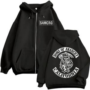 Sons of Anarchy 양면 인쇄 지퍼 까마귀 남성 여성 고딕 빈티지 지퍼 업 스웨트 캐주얼 패션 오버 사이즈 풀오버