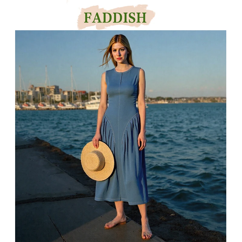 FADDISH 2025 새로운 여성 패션 섹시한 백 레이스 민소매 데님 미디 드레스 봄 여름 숙녀 o-넥 a 라인 파티 드레스