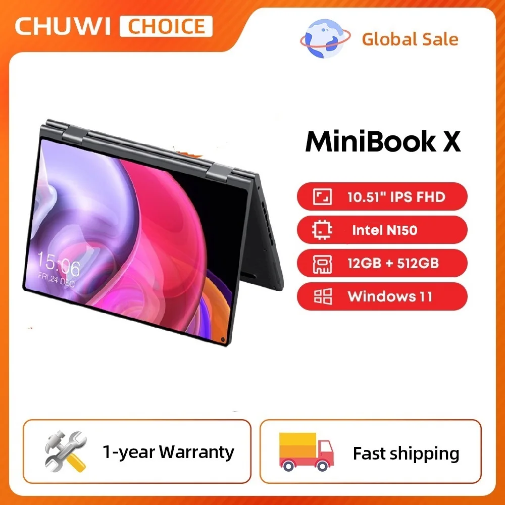 CHUWI MiniBook X 2025 2-in-1 노트북 태블릿 Intel N150 CPU 10.51' FHD IPS 스크린 12GB LPDDR5 512G SSD Windows 11 노트북 PC