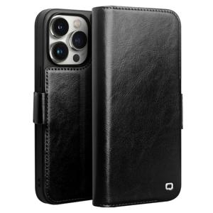 QIALINO iPhone 13 Pro Max 6.7인치 정품 소가죽 케이스 지갑 스탠드 플립 폰 커버 - 블랙