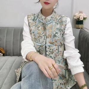 여성용 자수 패치워크 조끼, 치파오 칼라 버클, 다목적 민소매 자카드 조끼 코트, 중국 스타일, 2025 신상