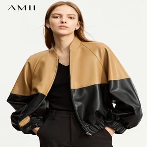 AMII 여성용 미니멀리스트 가죽 코트, 야구 스탠드 칼라, 루즈 스포츠 PU 긴팔 재킷, 12343276, 가을 2023