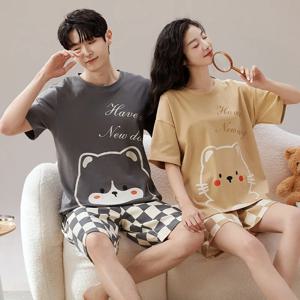 커플 여성을위한 만화 귀여운 여름 면화 잠옷 세트 남성 일치하는 잠옷 반팔 슬리핑 탑 반바지 Pijamas