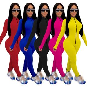 섹시한 솔리드 컬러 긴 소매 딥 V Bodycon Rompers 여성 점프 슈트 스포츠 정장 패션 지퍼 업 긴 바지 오버올 피트니스 세트